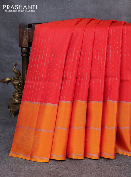 Kanchipuram soft silk saree orange and mustard yellow with allover silver & gold zari weaves and long zari woven border