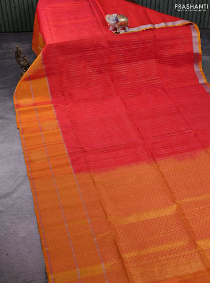 Kanchipuram soft silk saree orange and mustard yellow with allover silver & gold zari weaves and long zari woven border