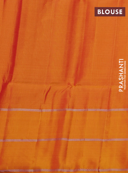 Kanchipuram soft silk saree orange and mustard yellow with allover silver & gold zari weaves and long zari woven border