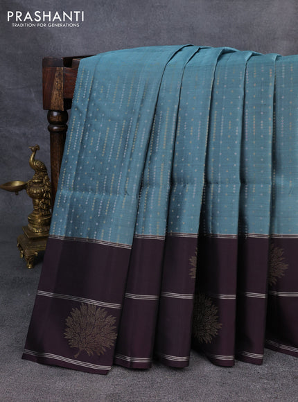 Kanchipuram soft silk saree pastel blue and deep wine with allover silver & gold zari weaves and long zari woven border