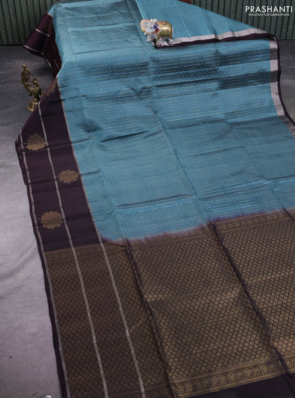 Kanchipuram soft silk saree pastel blue and deep wine with allover silver & gold zari weaves and long zari woven border