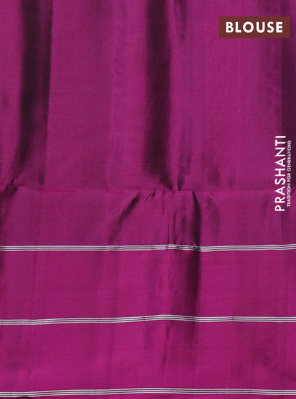 Kanchipuram soft silk saree mehendi green and magenta pink with allover silver & gold zari weaves and long zari woven border