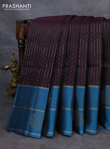 Kanchipuram soft silk saree coffee brown and cs blue with allover silver & gold zari weaves and long zari woven border
