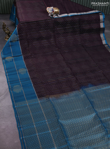 Kanchipuram soft silk saree coffee brown and cs blue with allover silver & gold zari weaves and long zari woven border