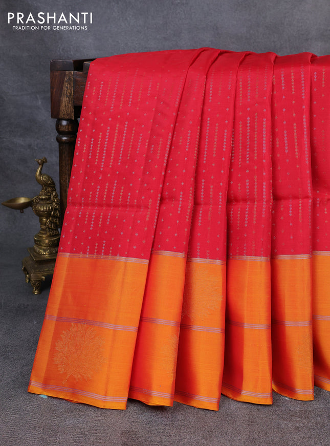 Kanchipuram soft silk saree red and mustard yellow with allover silver & gold zari weaves and long zari woven border