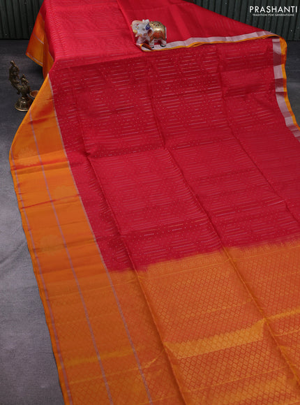 Kanchipuram soft silk saree red and mustard yellow with allover silver & gold zari weaves and long zari woven border