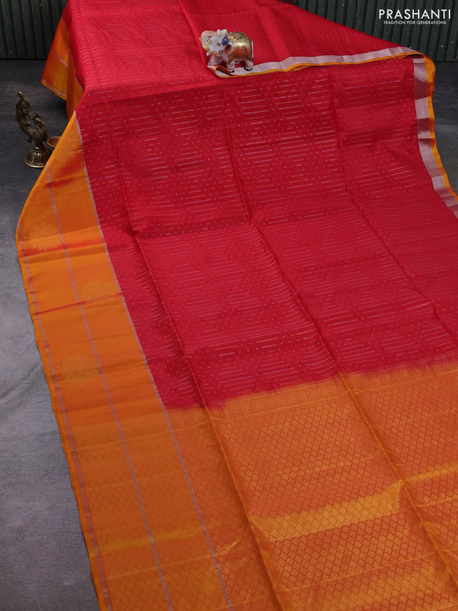 Kanchipuram soft silk saree red and mustard yellow with allover silver & gold zari weaves and long zari woven border