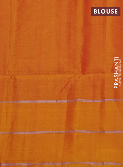 Kanchipuram soft silk saree red and mustard yellow with allover silver & gold zari weaves and long zari woven border