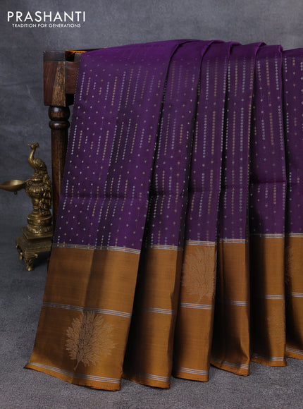 Kanchipuram soft silk saree violet and dark mustard with allover silver & gold zari weaves and long zari woven border