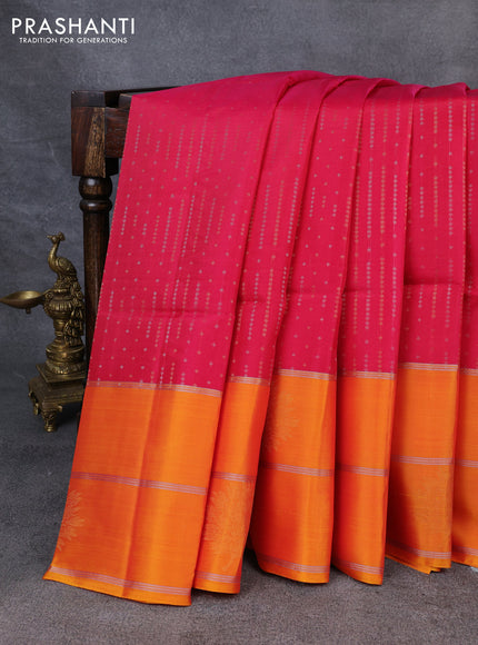 Kanchipuram soft silk saree pink and mustard yellow with allover silver & gold zari weaves and long zari woven border