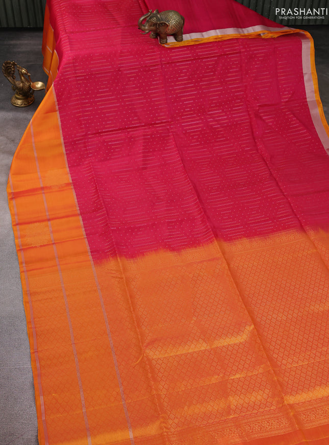 Kanchipuram soft silk saree pink and mustard yellow with allover silver & gold zari weaves and long zari woven border