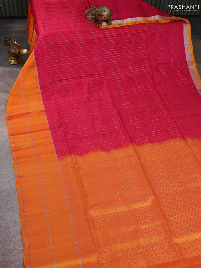 Kanchipuram soft silk saree pink and mustard yellow with allover silver & gold zari weaves and long zari woven border