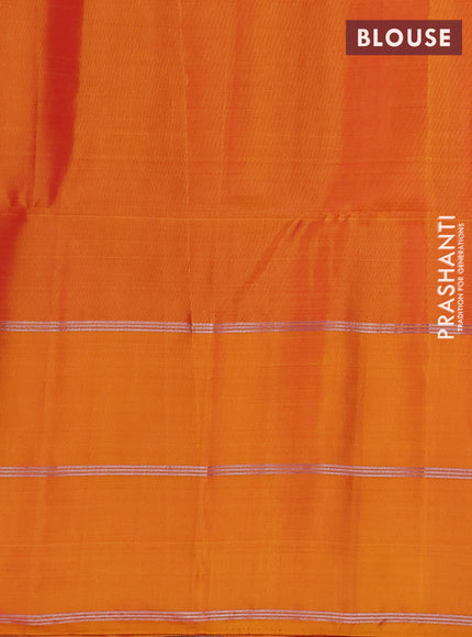 Kanchipuram soft silk saree pink and mustard yellow with allover silver & gold zari weaves and long zari woven border