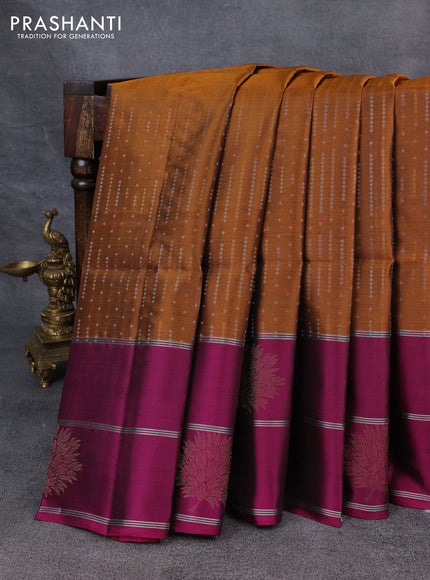 Kanchipuram soft silk saree mustard yellow and magenta pink with allover silver & gold zari weaves and long zari woven border