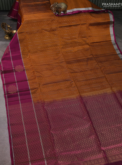 Kanchipuram soft silk saree mustard yellow and magenta pink with allover silver & gold zari weaves and long zari woven border