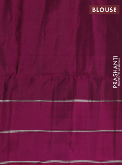 Kanchipuram soft silk saree mustard yellow and magenta pink with allover silver & gold zari weaves and long zari woven border