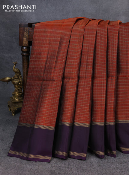Kanchipuram soft silk saree rust and deep violet with allover zari checked pattern and rettapet zari woven border