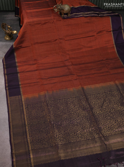 Kanchipuram soft silk saree rust and deep violet with allover zari checked pattern and rettapet zari woven border