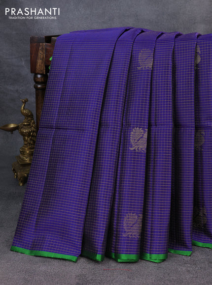 Kanchipuram soft silk saree blue and green with allover zari checked pattern and rettapet zari woven border