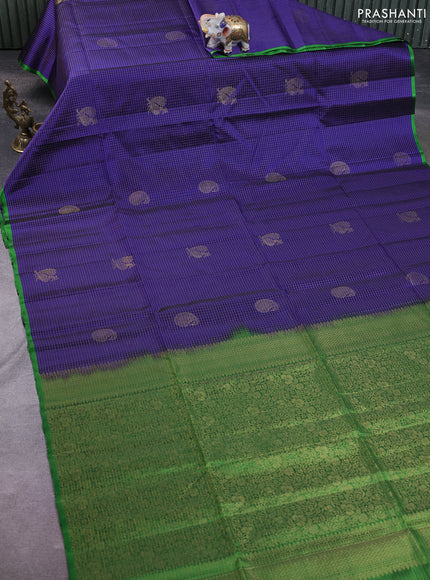 Kanchipuram soft silk saree blue and green with allover zari checked pattern and rettapet zari woven border