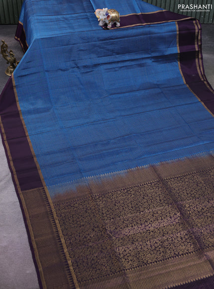 Kanchipuram soft silk saree cs blue and deep violet with allover zari checked pattern and rettapet zari woven border