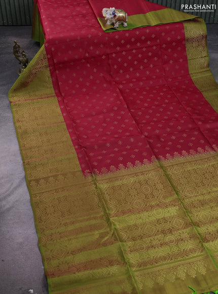 Kanchipuram soft silk saree red and light green with zari woven buttas and long zari woven border