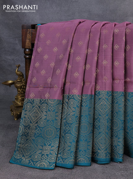 Kanchipuram soft silk saree mauve pink and teal green with zari woven buttas and long zari woven border
