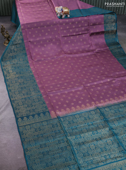 Kanchipuram soft silk saree mauve pink and teal green with zari woven buttas and long zari woven border