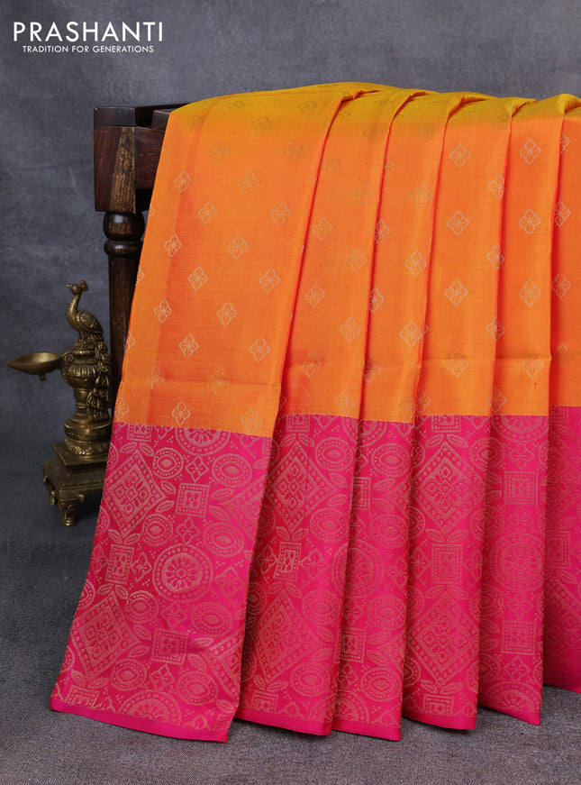 Kanchipuram soft silk saree mango yellow and pink with zari woven buttas and long zari woven border