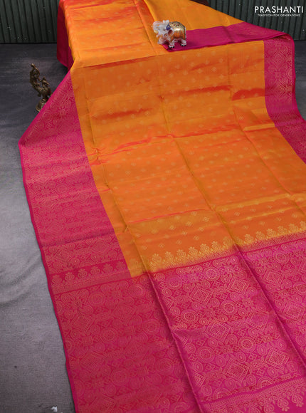 Kanchipuram soft silk saree mango yellow and pink with zari woven buttas and long zari woven border