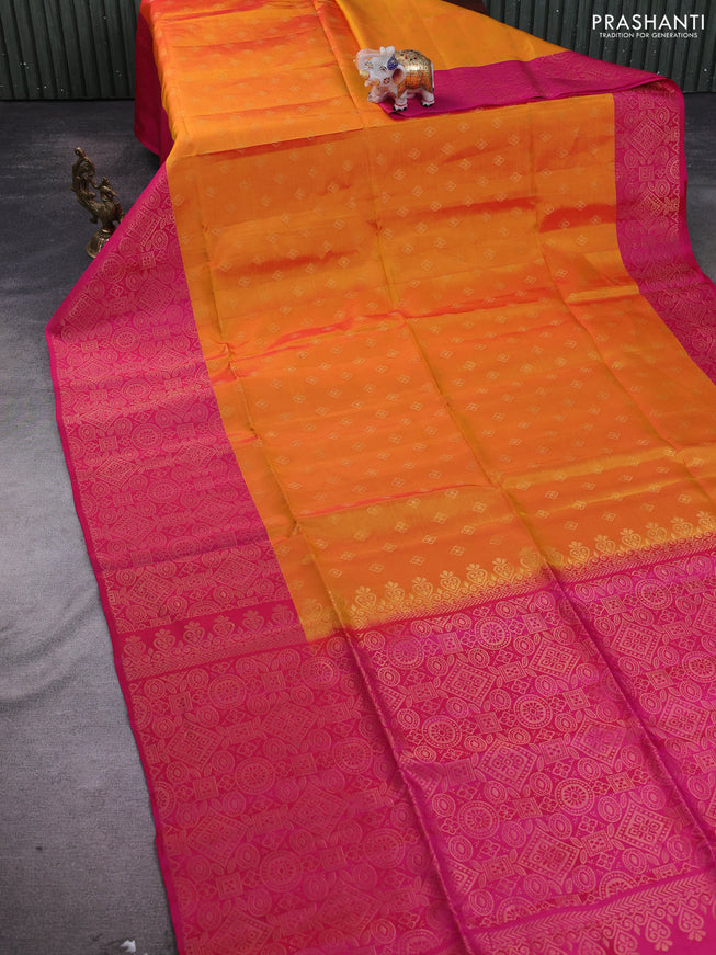 Kanchipuram soft silk saree mango yellow and pink with zari woven buttas and long zari woven border