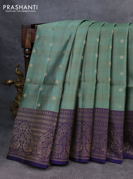 Kanchipuram soft silk saree pastel green and blue with allover checked pattern & zari buttas and zari woven border