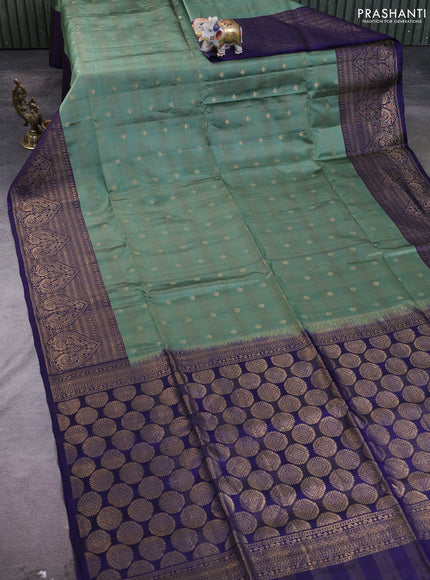 Kanchipuram soft silk saree pastel green and blue with allover checked pattern & zari buttas and zari woven border