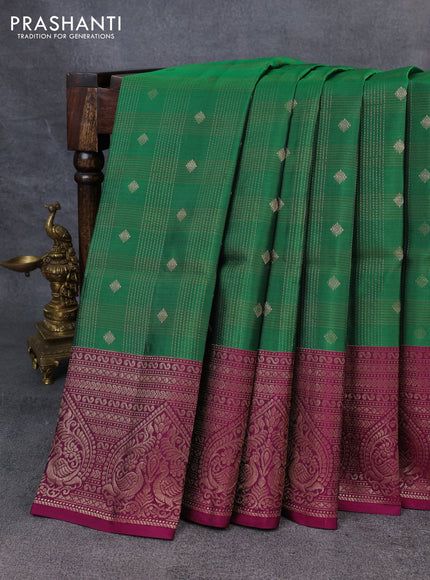 Kanchipuram soft silk saree green and magenta pink with allover checked pattern & zari buttas and zari woven border