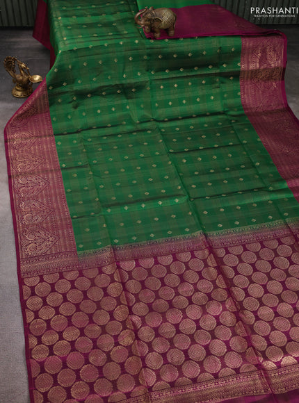 Kanchipuram soft silk saree green and magenta pink with allover checked pattern & zari buttas and zari woven border