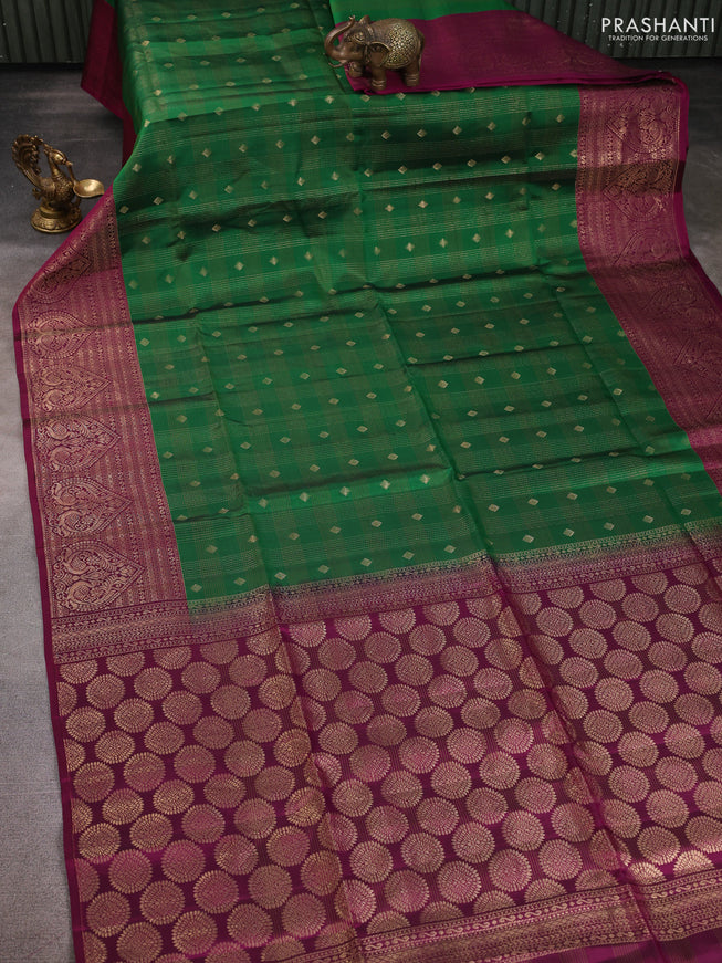 Kanchipuram soft silk saree green and magenta pink with allover checked pattern & zari buttas and zari woven border