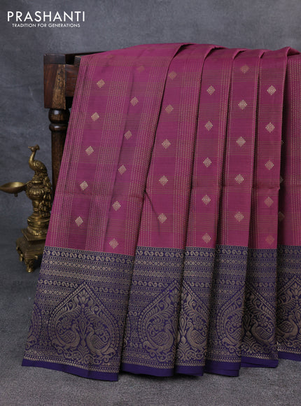 Kanchipuram soft silk saree mauve pink and blue with allover checked pattern & zari buttas and zari woven border