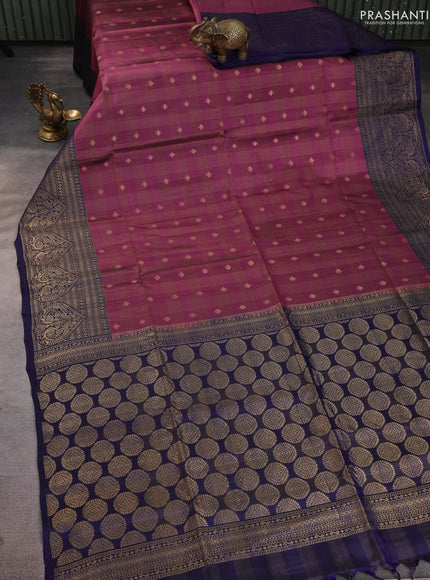 Kanchipuram soft silk saree mauve pink and blue with allover checked pattern & zari buttas and zari woven border