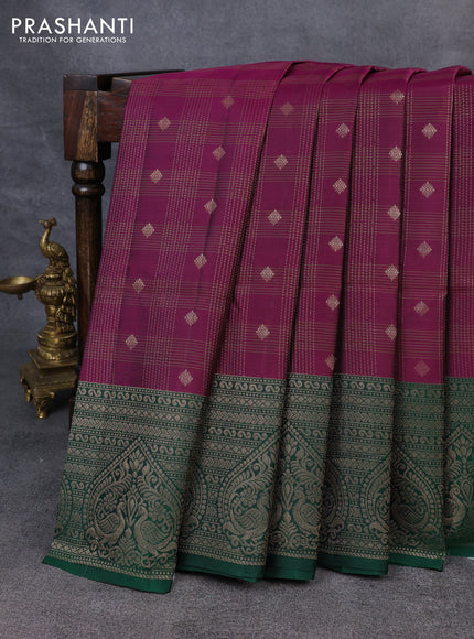 Kanchipuram soft silk saree magenta pink and green with allover checked pattern & zari buttas and zari woven border