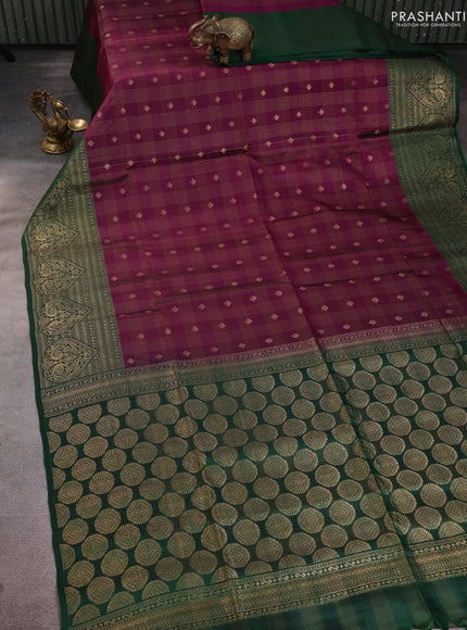 Kanchipuram soft silk saree magenta pink and green with allover checked pattern & zari buttas and zari woven border