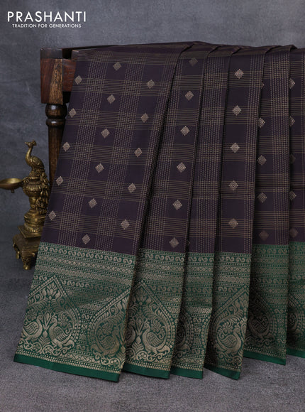 Kanchipuram soft silk saree black and green with allover zari checked pattern and zari woven border