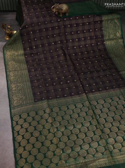 Kanchipuram soft silk saree black and green with allover zari checked pattern and zari woven border
