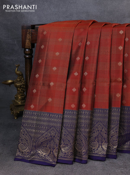 Kanchipuram soft silk saree rust and blue with allover zari checked pattern and zari woven border