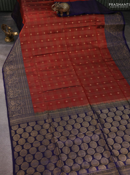 Kanchipuram soft silk saree rust and blue with allover zari checked pattern and zari woven border