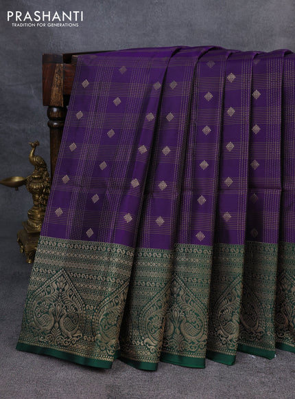 Kanchipuram soft silk saree violet and green with allover zari checked pattern and zari woven border