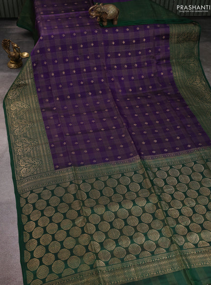 Kanchipuram soft silk saree violet and green with allover zari checked pattern and zari woven border