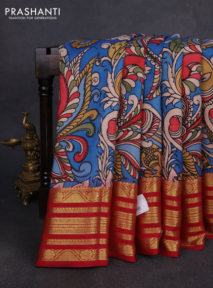 Pure kanchipuram pen kalamkari saree cs blue and maroon with allover penkalamkari prints and zari woven border