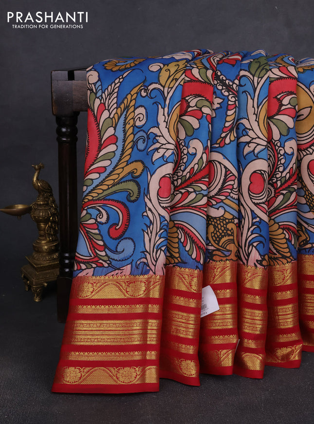 Pure kanchipuram pen kalamkari saree cs blue and maroon with allover penkalamkari prints and zari woven border