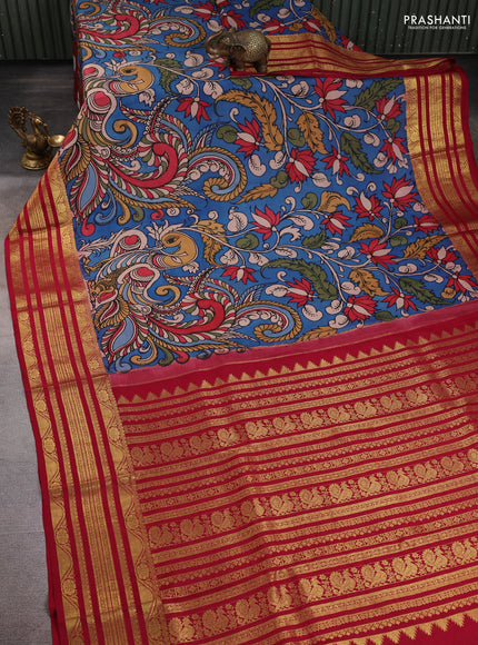 Pure kanchipuram pen kalamkari saree cs blue and maroon with allover penkalamkari prints and zari woven border
