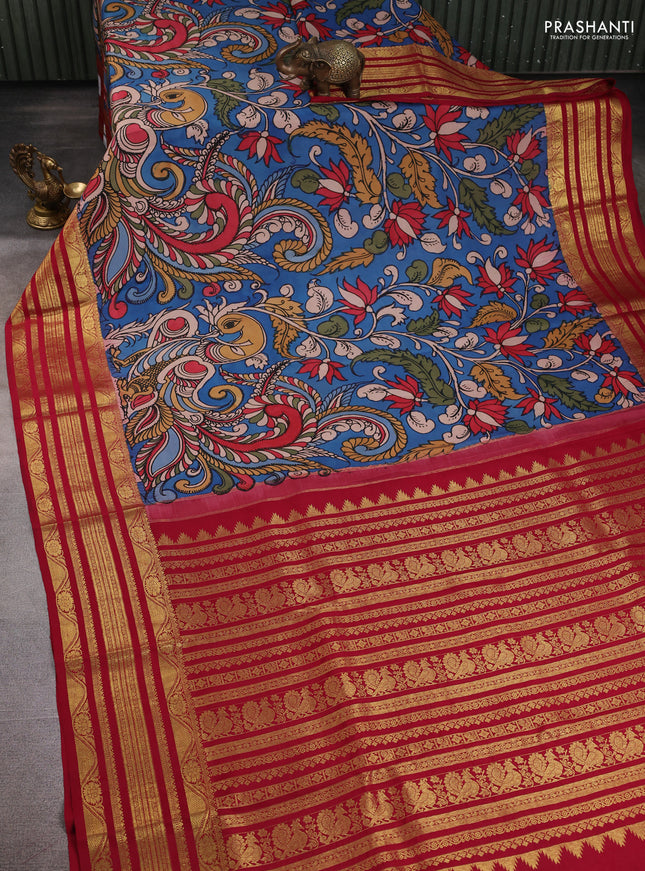 Pure kanchipuram pen kalamkari saree cs blue and maroon with allover penkalamkari prints and zari woven border